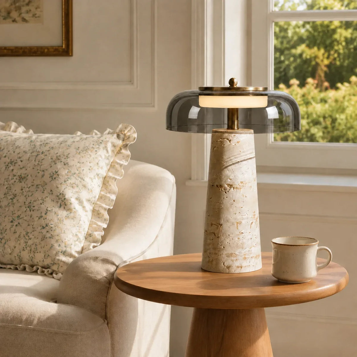 Ryn Wabi‑Sabi Travertine Glass Mushroom Table Light 7