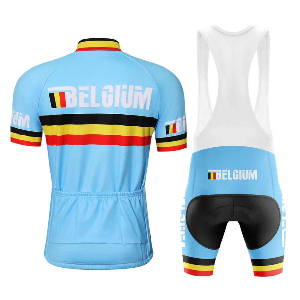 belgium racing Cycling jersey Men Short sleeve Set Bicycle Suit Mtb  Clothes Triathlon Retro Skinsuit Summer Bib shorts Blue VestraGear