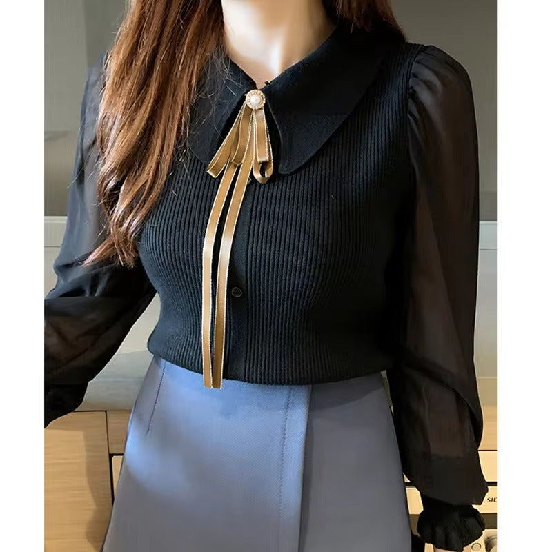 Pull en chiffon élégant | Pull élégant avec manches lanterne et col