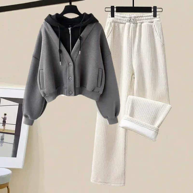 Josie tréningová súprava | Trendy pletený sveter s kapucňou a širokými nohavicami pre ženy