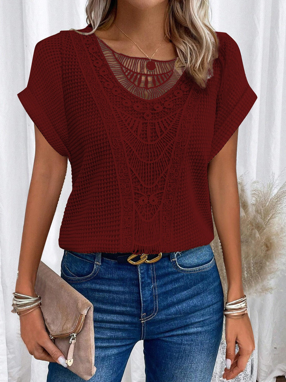 Agnete - T-shirt à col rond avec dentelle