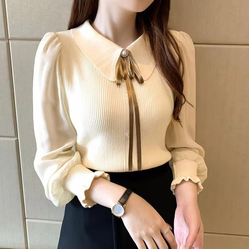Pull en chiffon élégant | Pull élégant avec manches lanterne et col