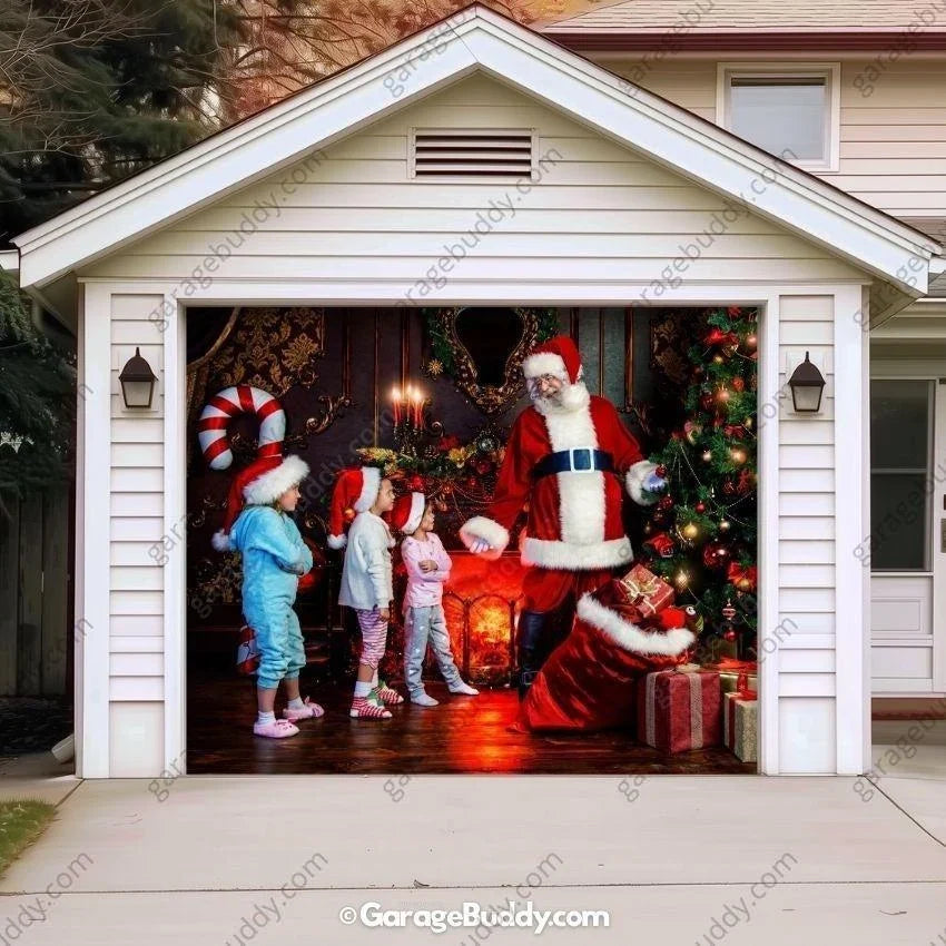 Santa with Kids Christmas Garage Door Cover – Festive Holiday Decor for Easy Installation 0
