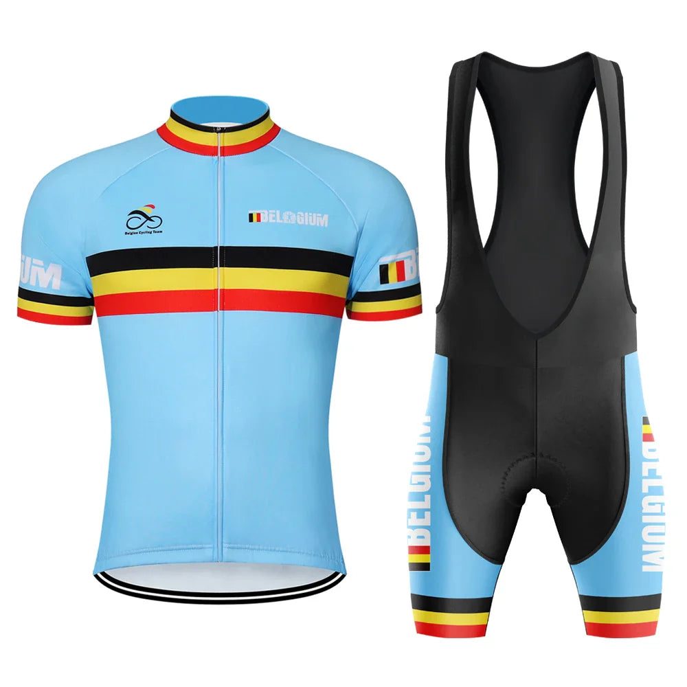 belgium racing Cycling jersey Men Short sleeve Set Bicycle Suit Mtb  Clothes Triathlon Retro Skinsuit Summer Bib shorts Blue VestraGear