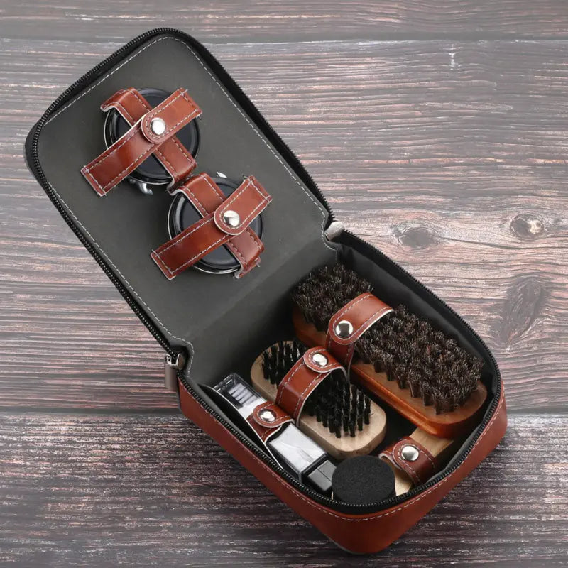 Schuhpflegeset 9-teilig mit Rosshaarbürsten für Leder- und Wildlederpflege 0