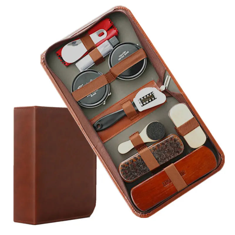 Schuhpflegeset 9-teilig mit Rosshaarbürsten für Leder- und Wildlederpflege 1