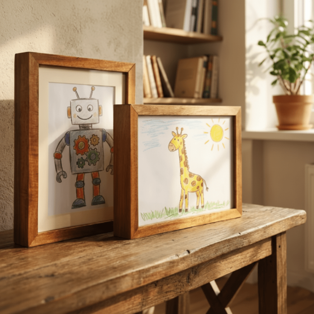 Bilderrahmen mit Stauraum – Holzoptik & Frontöffnung für Kinderzeichnungen