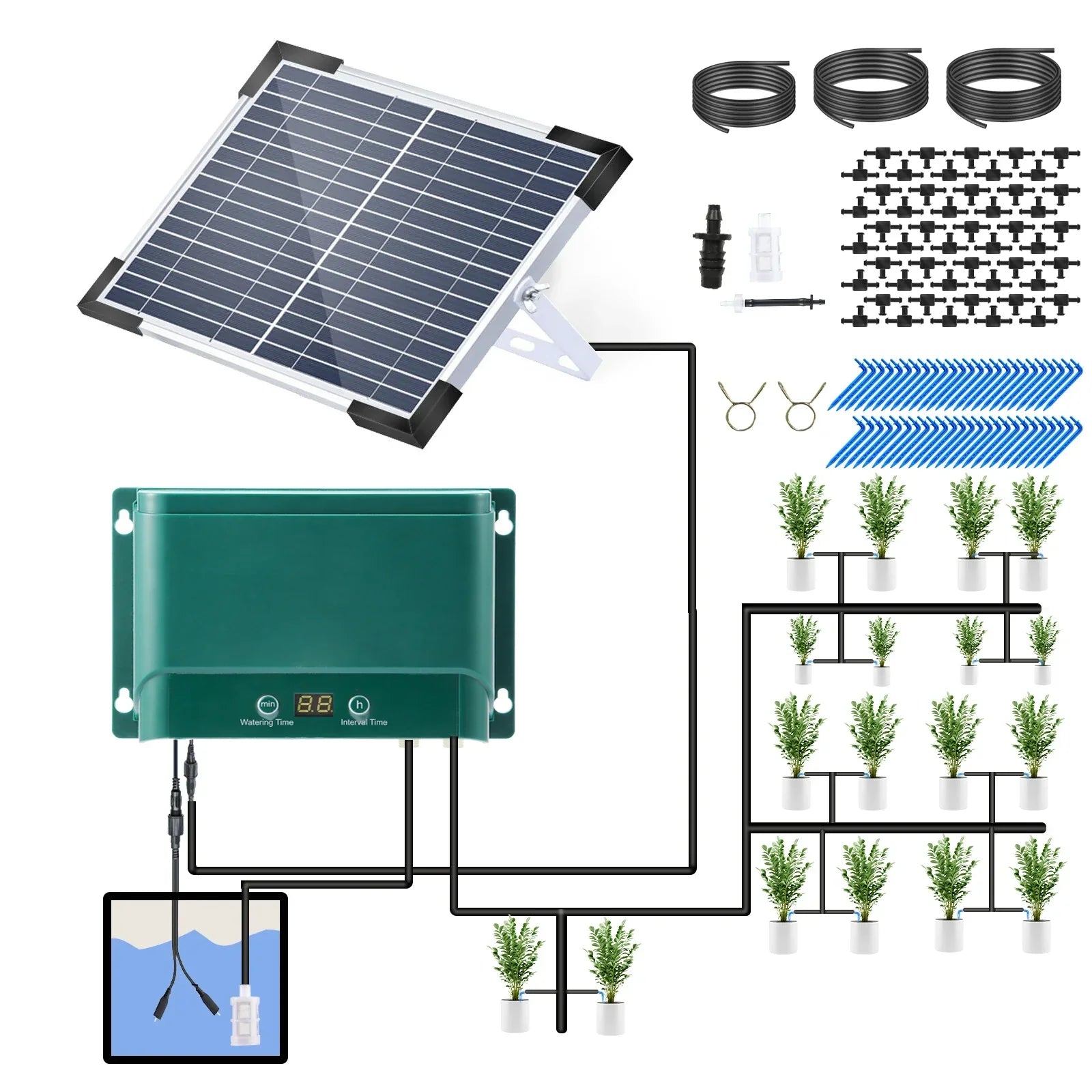 Solar-Tropfbewässerungssystem-Kit Automatisches Bewässern mit 30 Modi & 7 Timern – AquaFlow 5