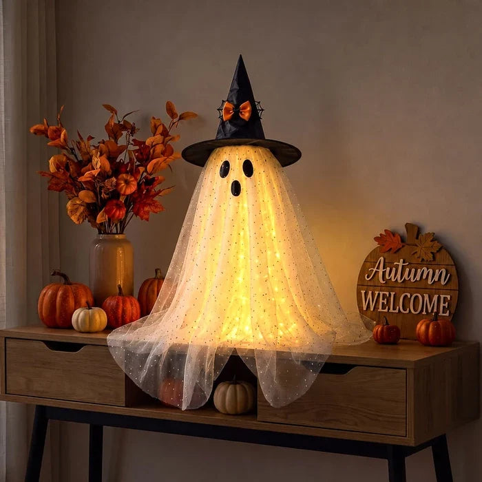 Halloween-Geist mit Licht – glitzernder Tüll und spitzer Hexenhut für innen