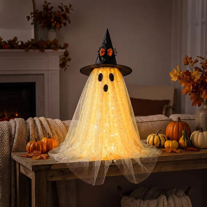 Halloween-Geist mit Licht – glitzernder Tüll und spitzer Hexenhut für innen