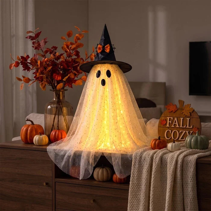 Halloween-Geist mit Licht – glitzernder Tüll und spitzer Hexenhut für innen