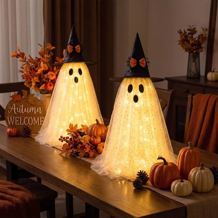 Halloween-Geist mit Licht – glitzernder Tüll und spitzer Hexenhut für innen