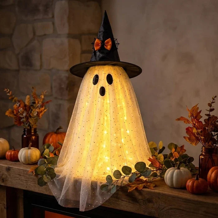 Halloween-Geist mit Licht – glitzernder Tüll und spitzer Hexenhut für innen