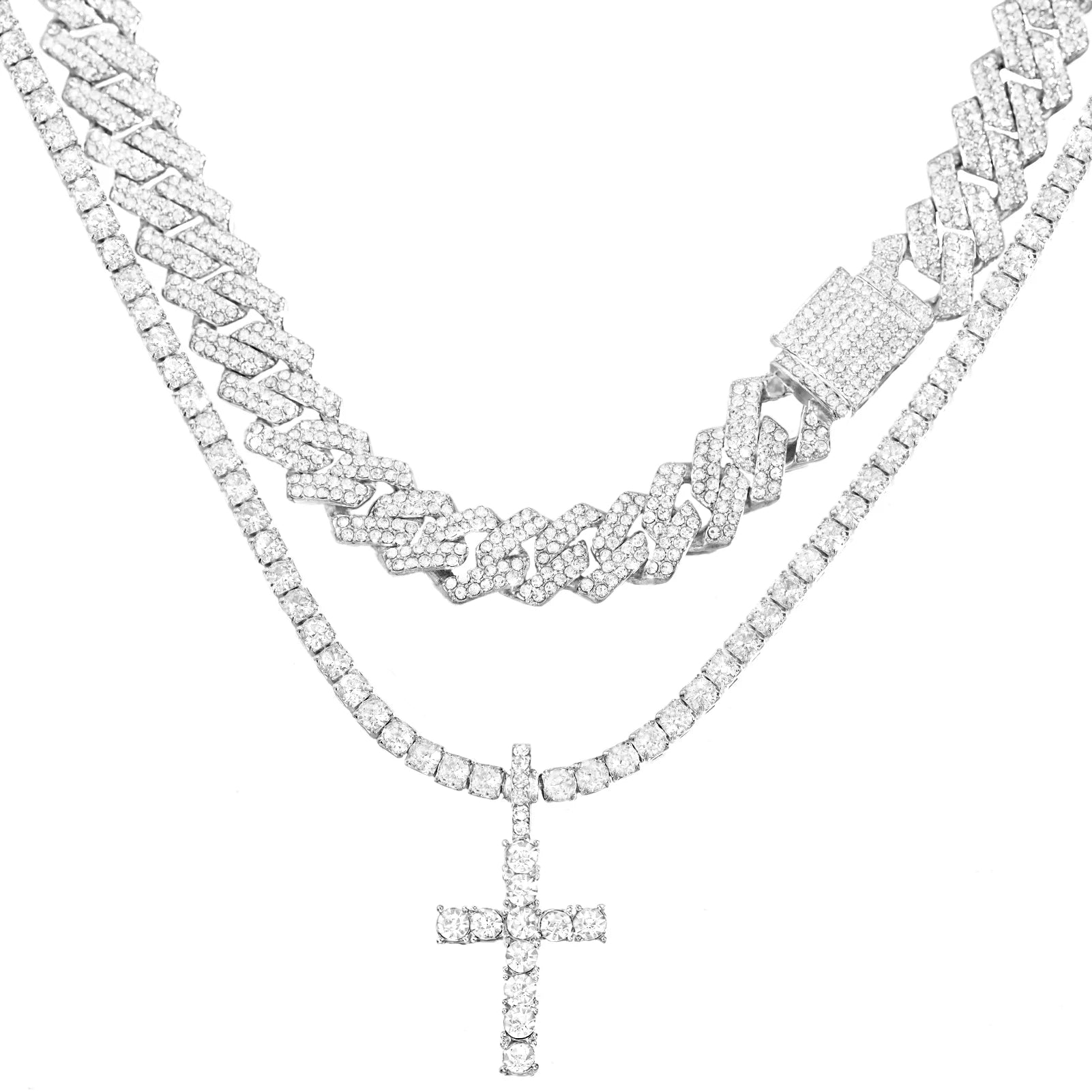 UrbanLuxe – Collier femmes & hommes chaîne cubaine double rangée avec croix – 14mm