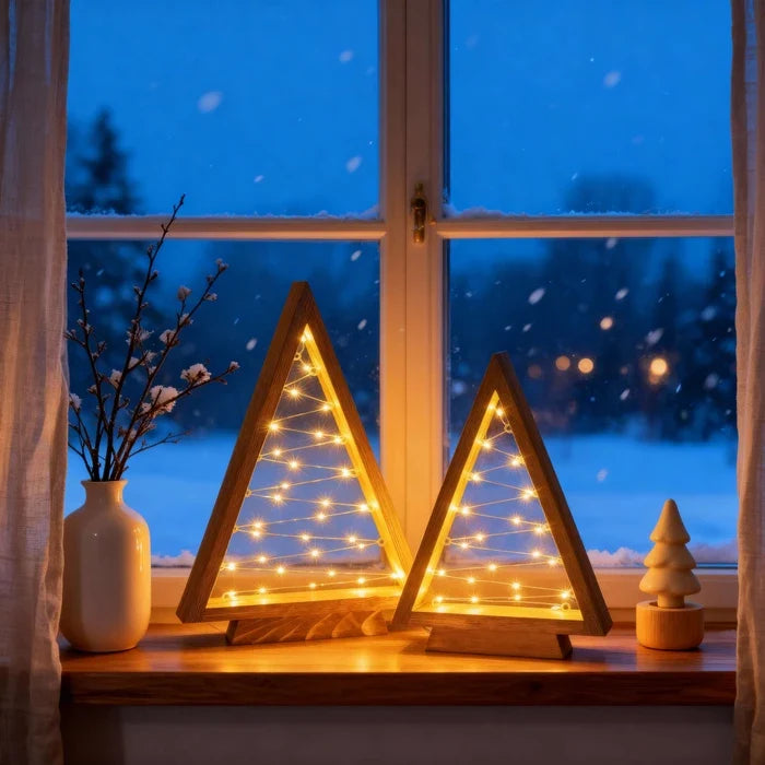 Holz-Weihnachtsbäume – dreieckiges Tischset mit leuchtenden Sternlichtern