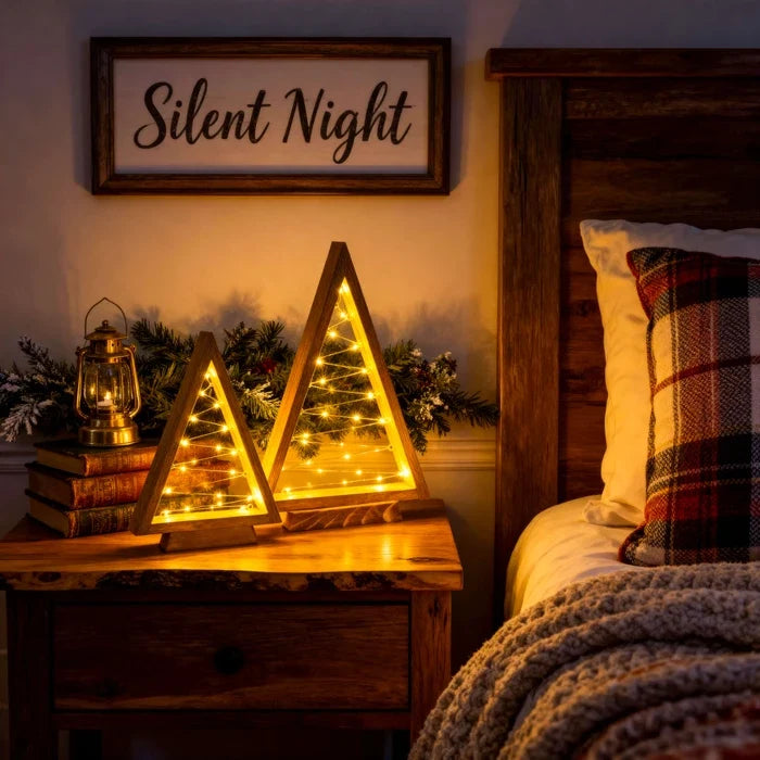 Holz-Weihnachtsbäume – dreieckiges Tischset mit leuchtenden Sternlichtern