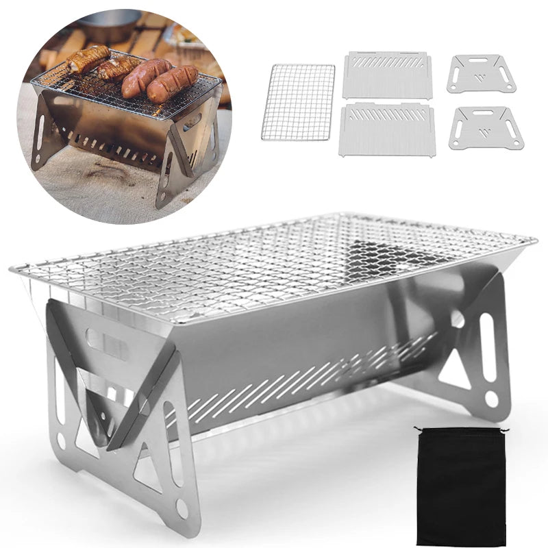 Tragbarer Edelstahl-Grill für Camping und Garten, zusammenklappbar, leicht und langlebig 0