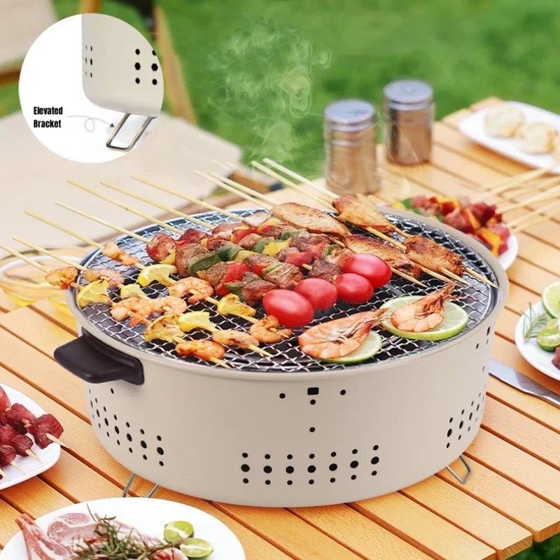 Tragbarer Holzkohlegrill aus Edelstahl und Gusseisen für Camping und Outdoor, kompakt und vielseitig 1