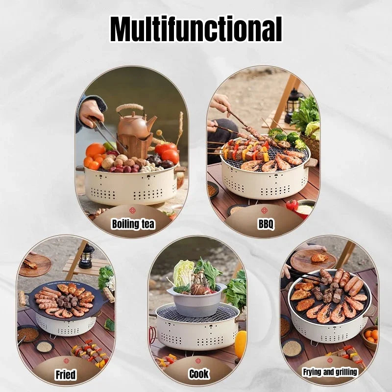 Tragbarer Holzkohlegrill aus Edelstahl und Gusseisen für Camping und Outdoor, kompakt und vielseitig 3