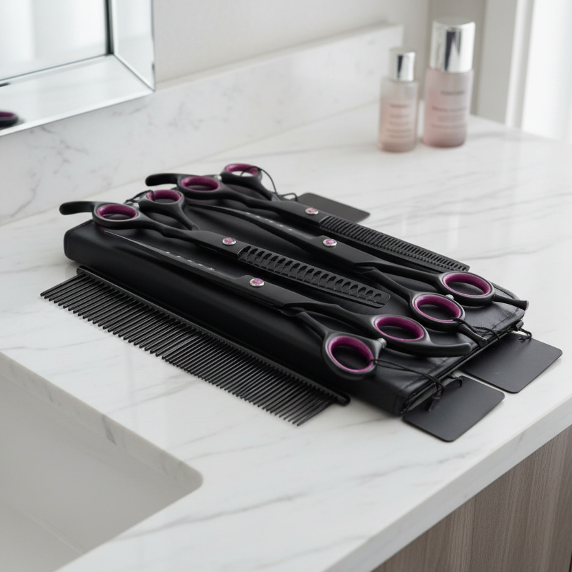 Set forbici per cani – Set per la cura in 4 pezzi con lame in acciaio inox e custodia
