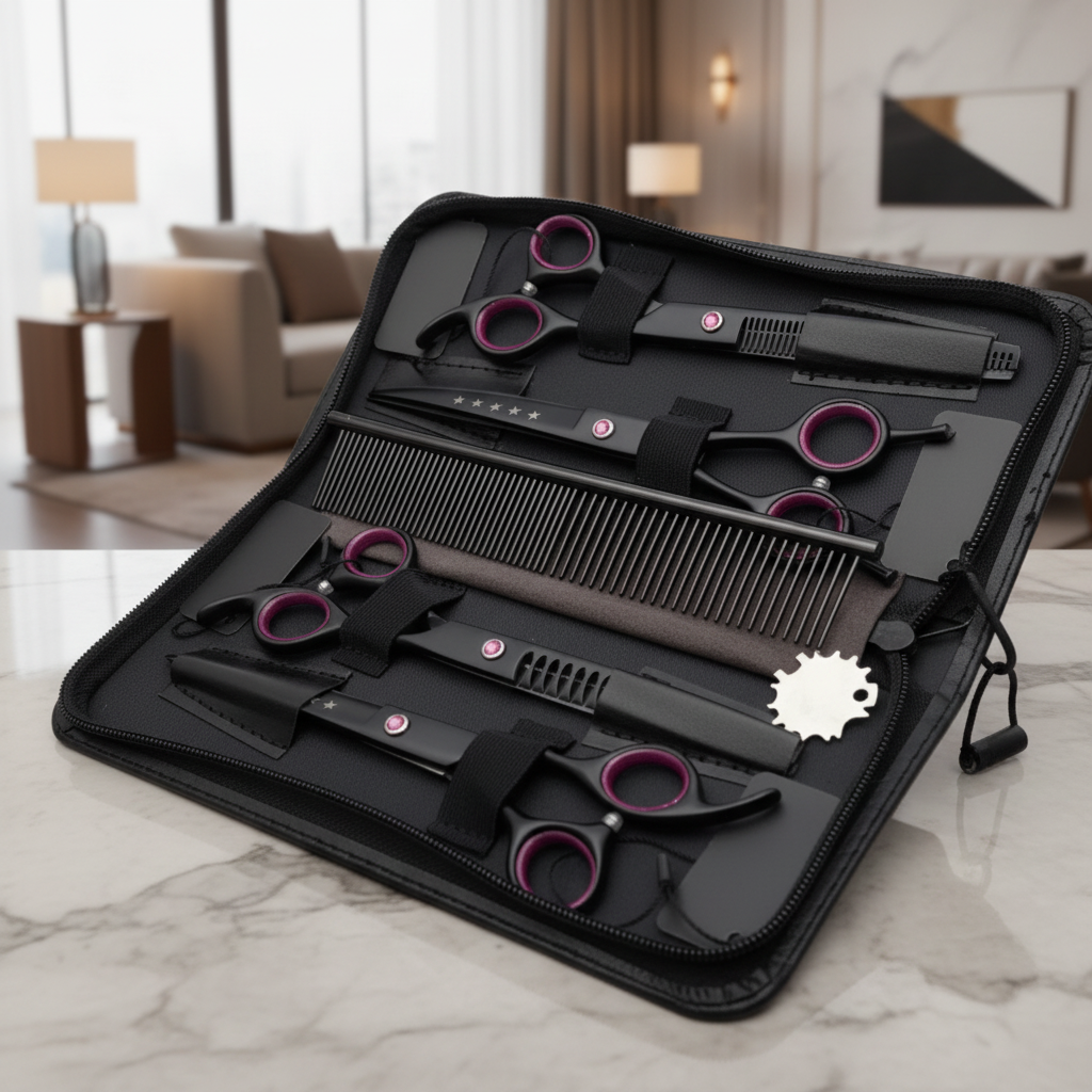 Set forbici per cani – Set per la cura in 4 pezzi con lame in acciaio inox e custodia