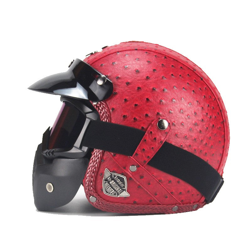 Vintage PU Leren Motorfiets Crash Helm Biker met Visier Masker Goggles 0