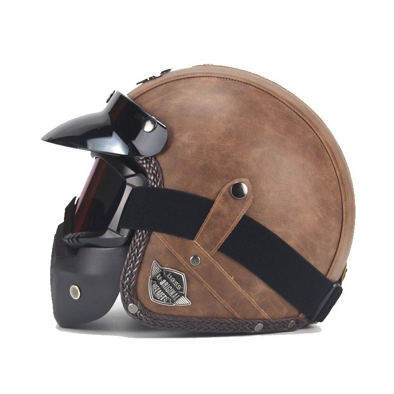 Vintage PU Leren Motorfiets Crash Helm Biker met Visier Masker Goggles 3