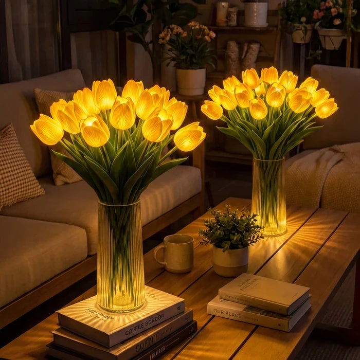 Lampa s kyticí tulipánů a LED - umělé tulipány s teplým světlem ve čtyřech barvách