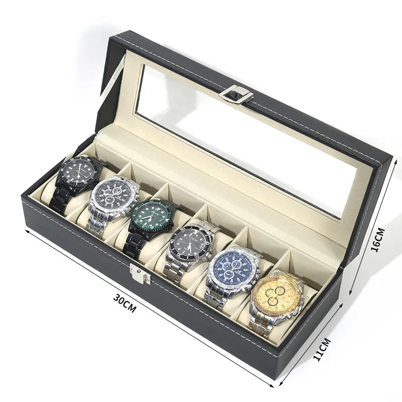 Watch Organizer Storage Box for Watches, PU Leather with Clear Glass Lid, 12 Slots 0