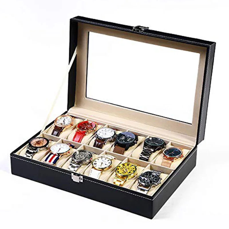 Watch Organizer Storage Box for Watches, PU Leather with Clear Glass Lid, 12 Slots 1