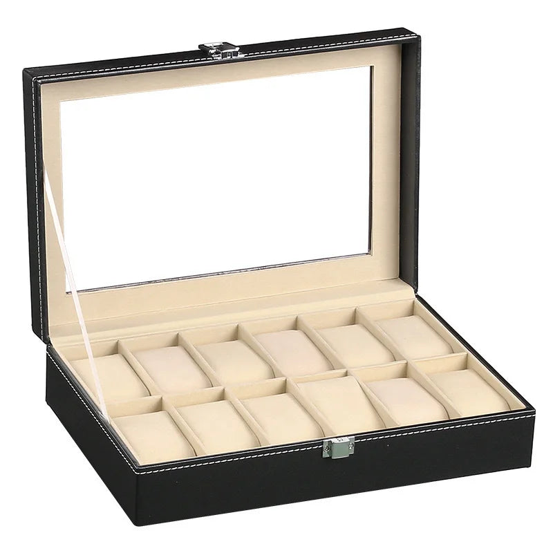 Watch Organizer Storage Box for Watches, PU Leather with Clear Glass Lid, 12 Slots 2