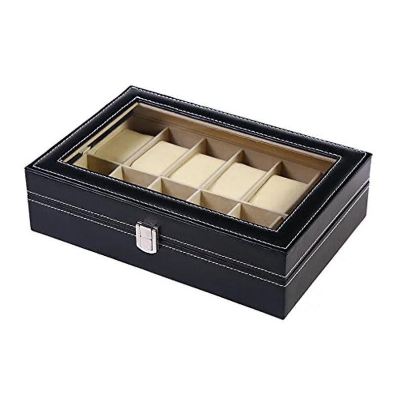Watch Organizer Storage Box for Watches, PU Leather with Clear Glass Lid, 12 Slots 3
