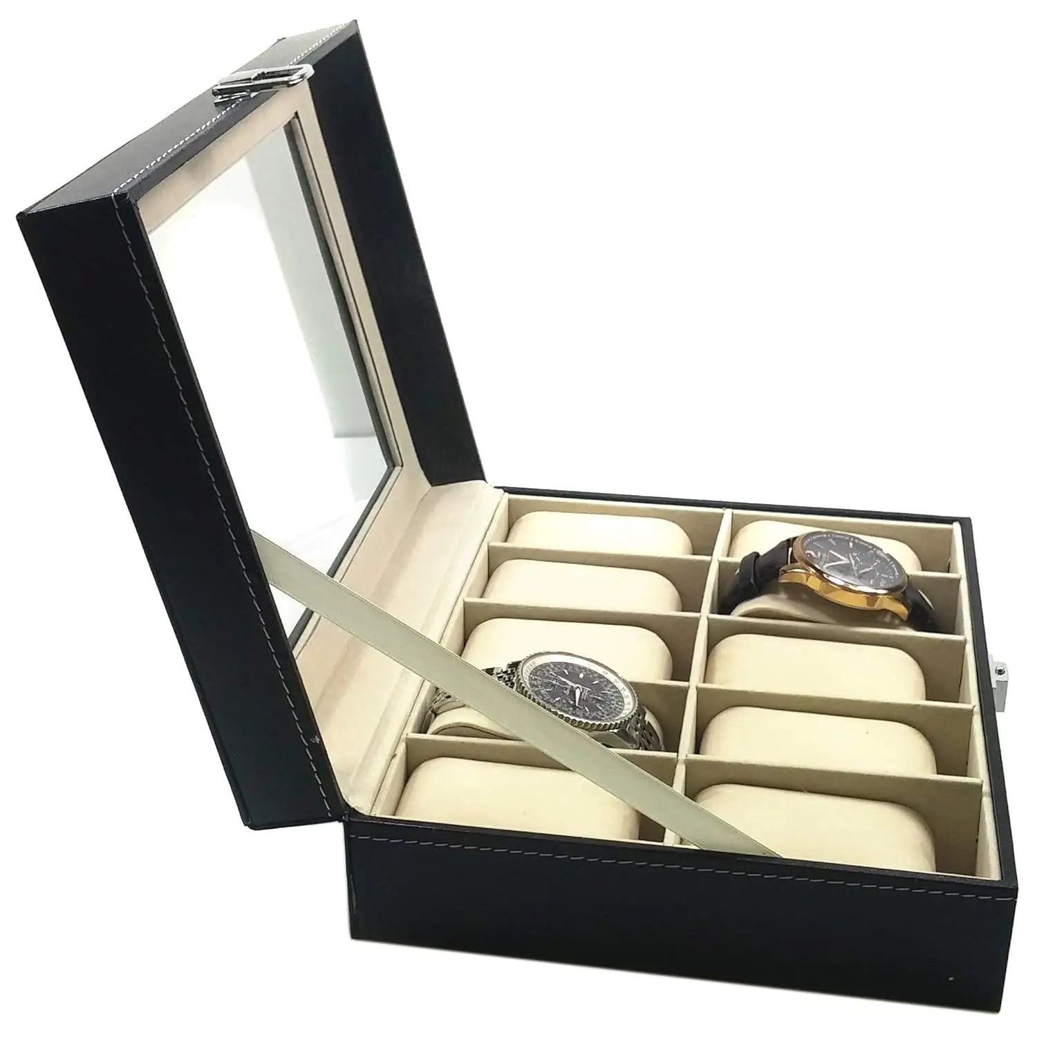 Watch Organizer Storage Box for Watches, PU Leather with Clear Glass Lid, 12 Slots 5
