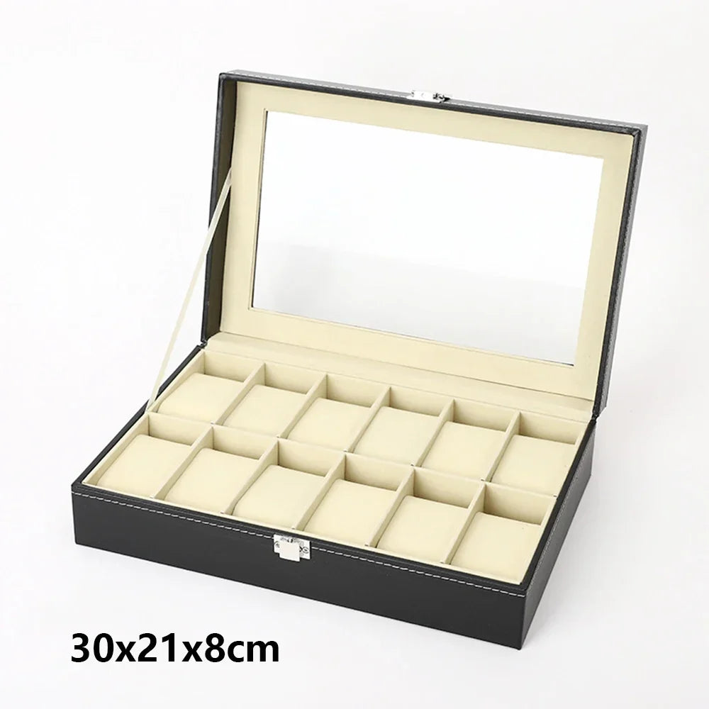 Watch Organizer Storage Box for Watches, PU Leather with Clear Glass Lid, 12 Slots 8