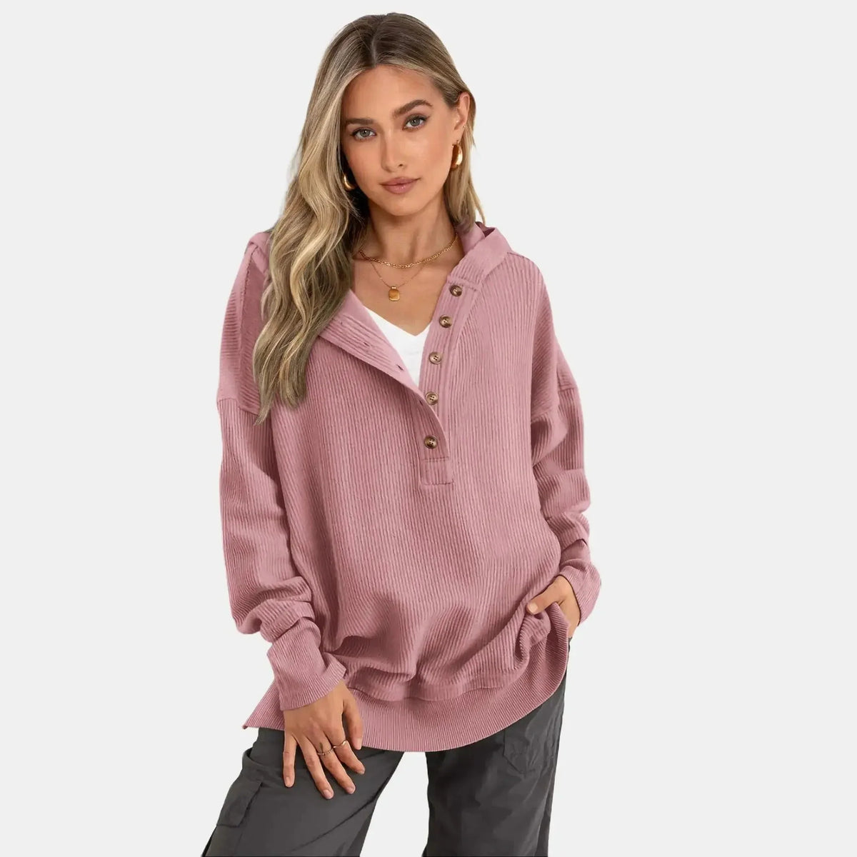 🎁Women’s Oversized V-Neck Hoodie – Relaxed Button Pullover with Side Slits 7