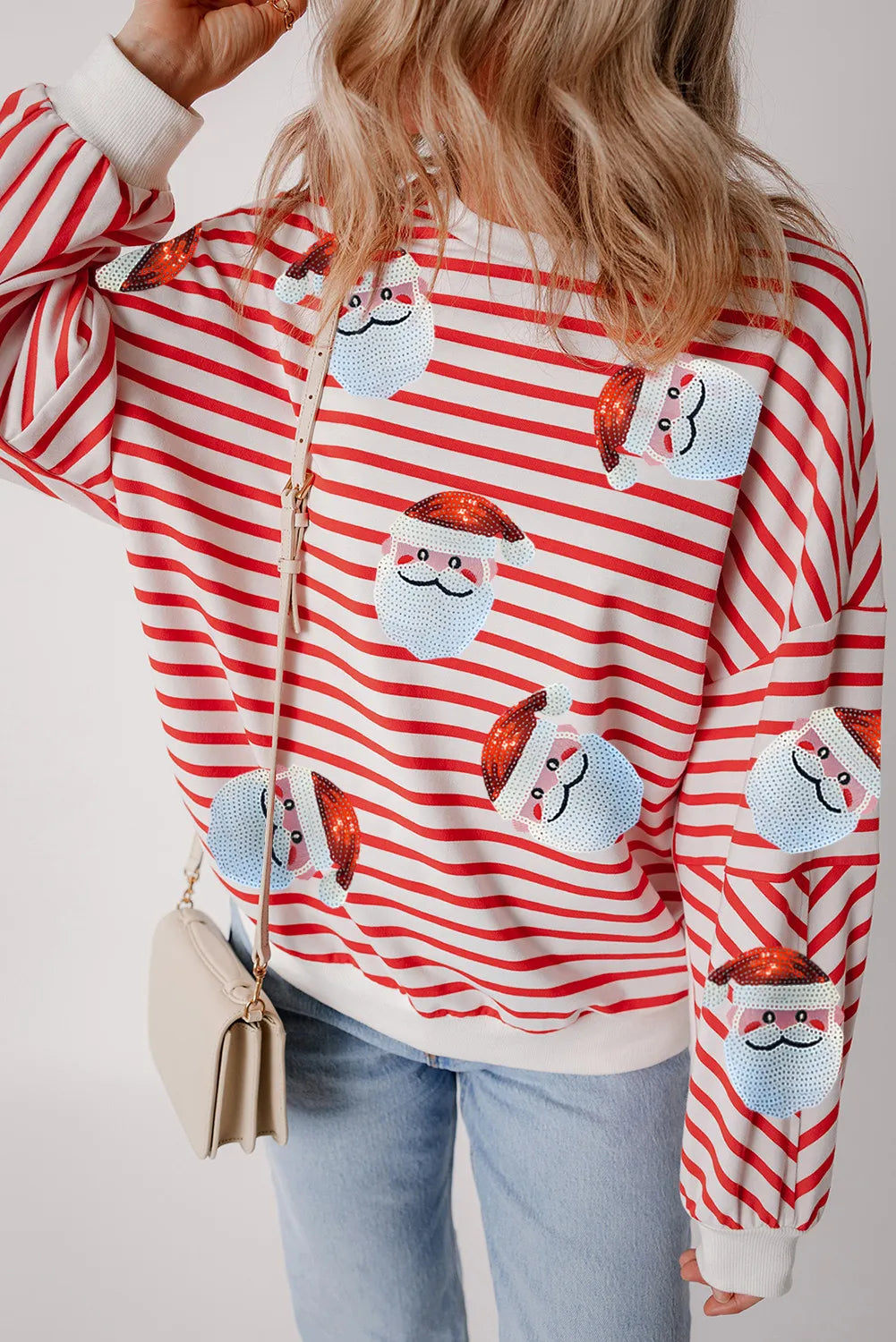 Stribet sweatshirt Santa med rund halsudskæring og lange ærmer - Festligt sweatshirt