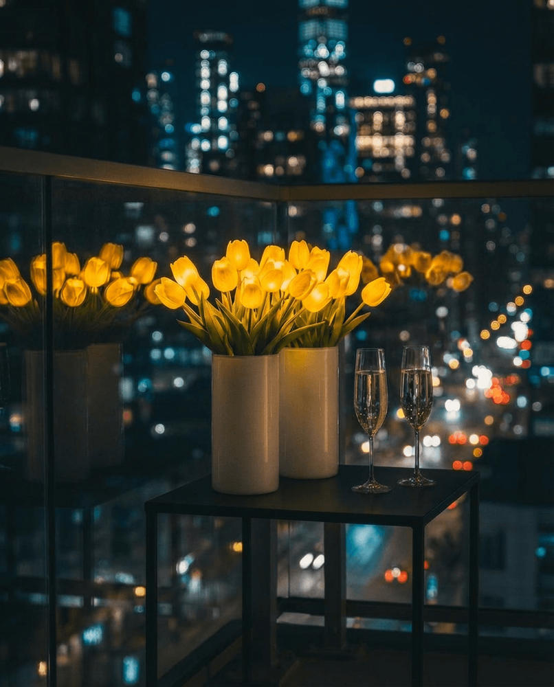 Lampa s kyticí tulipánů a LED - umělé tulipány s teplým světlem ve čtyřech barvách