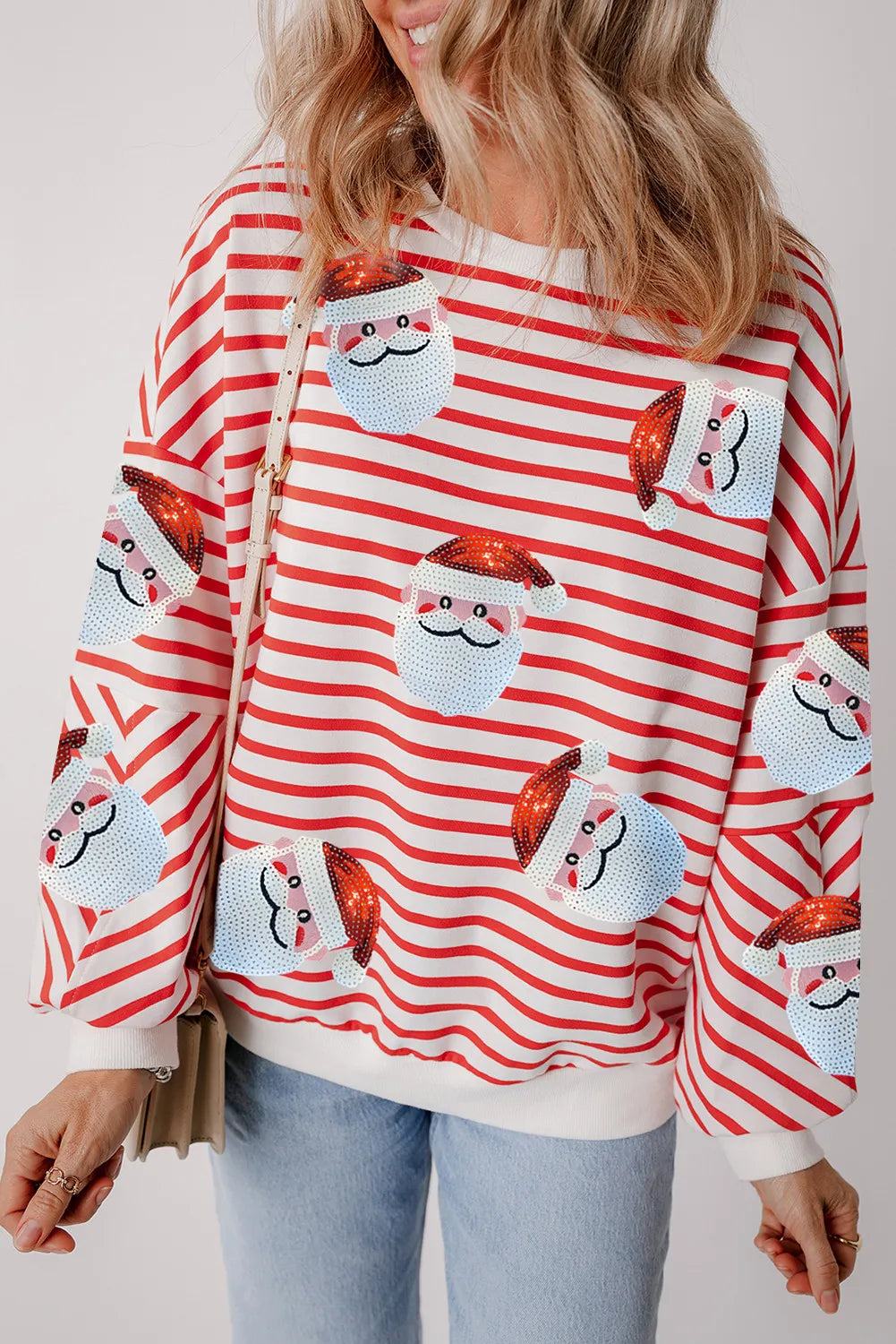 Stribet sweatshirt Santa med rund halsudskæring og lange ærmer - Festligt sweatshirt