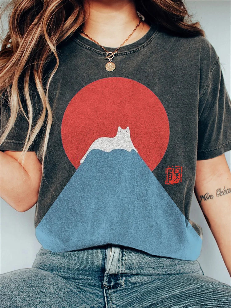 Japanische Kunst Fuji Katze auf Berg T-shirt mit Druck - Patricia