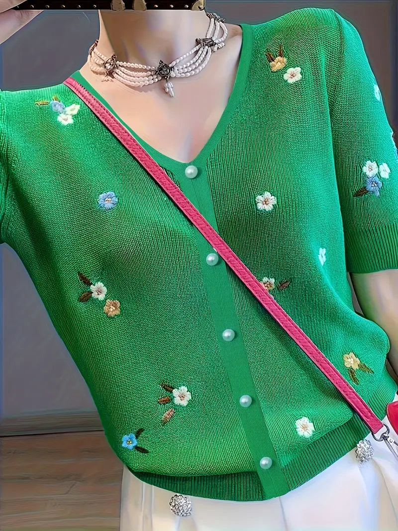 Rita - Maglione con motivo floreale e chiusura con bottoni per un look elegante