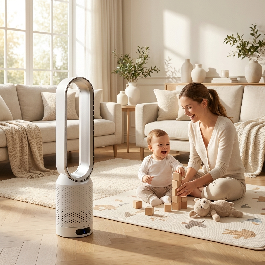 AirPure refroidisseur d'air 3-en-1 avec filtre à air, oscillation et commande tactile LED – sans pales, silencieux et moderne