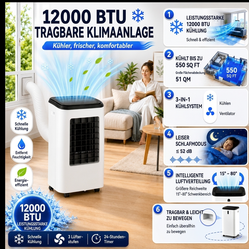Mobile Klimaanlage 12000 BTU – Klimagerät mit Kühlung, Lüftung und Entfeuchtung