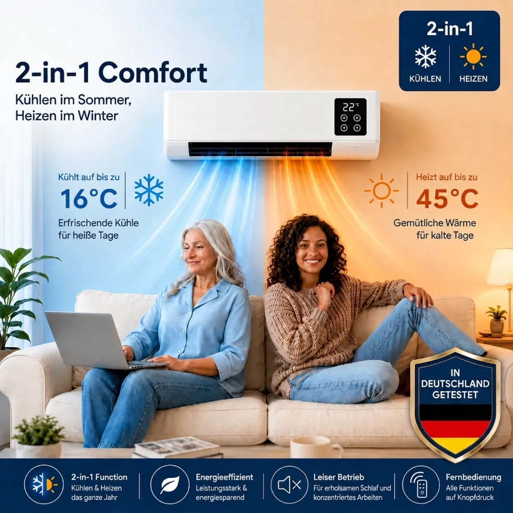 Wand-Luftkühler & Heizlüfter – 2-in-1 Gerät mit Timer und Fernbedienung