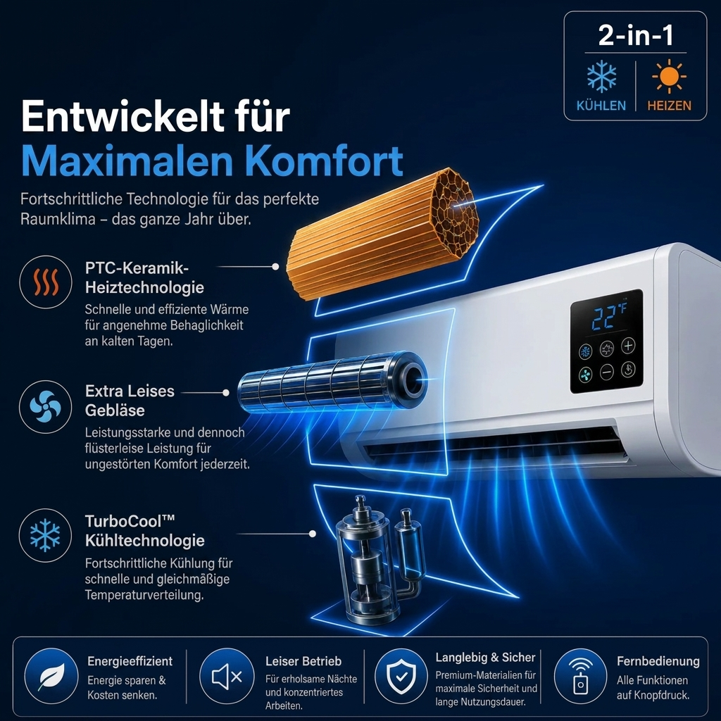 Wand-Luftkühler & Heizlüfter – 2-in-1 Gerät mit Timer und Fernbedienung