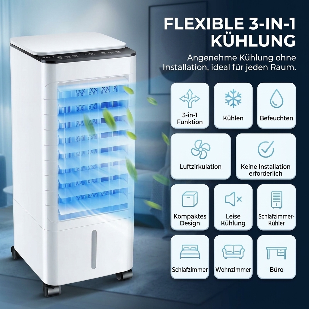 Luftkühler – Mobiler 3-in-1 Verdunstungskühler mit Wasserkühlung