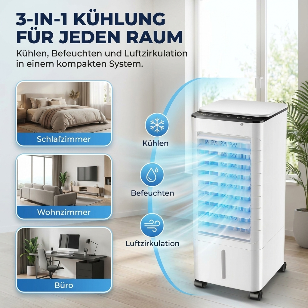 Luftkühler – Mobiler 3-in-1 Verdunstungskühler mit Wasserkühlung