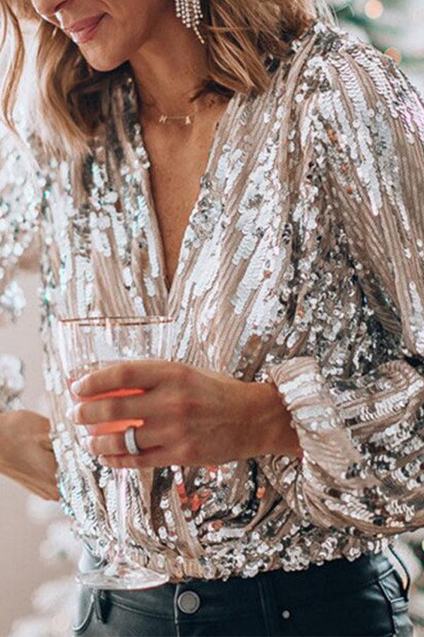 Ilse Bluse | Funkelndes Glitzer-V-Ausschnitt-Top für glamouröse Party-Anlässe