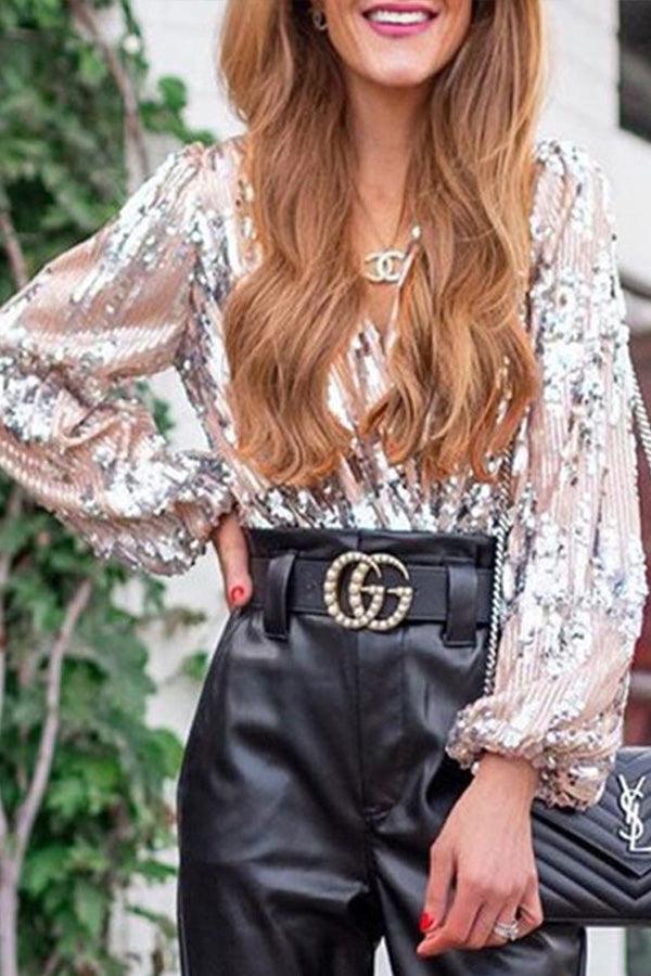 Ilse Bluse | Funkelndes Glitzer-V-Ausschnitt-Top für glamouröse Party-Anlässe
