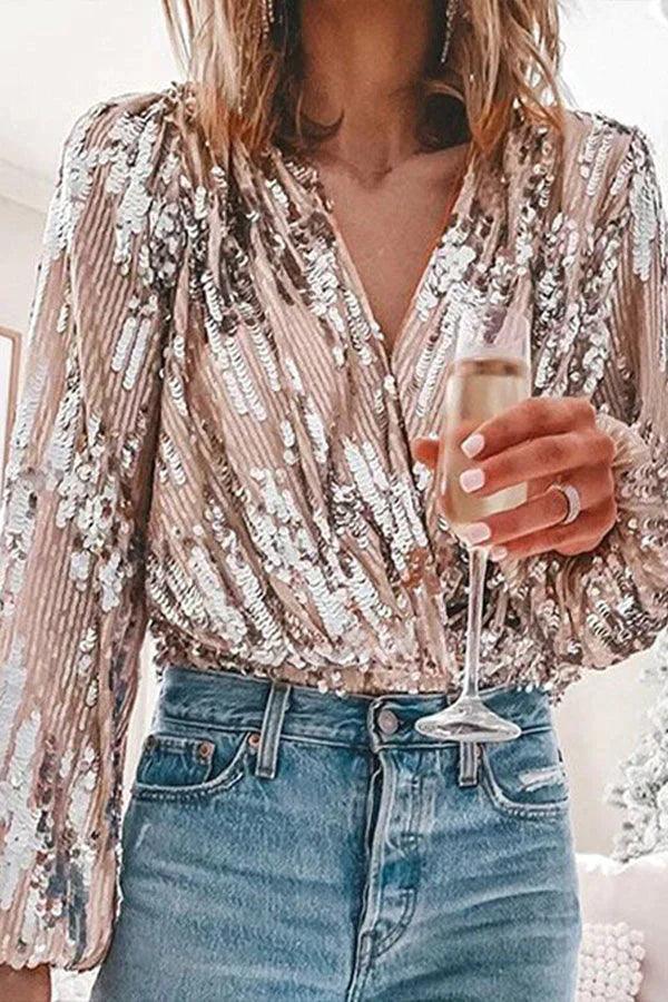 Ilse Bluse | Funkelndes Glitzer-V-Ausschnitt-Top für glamouröse Party-Anlässe