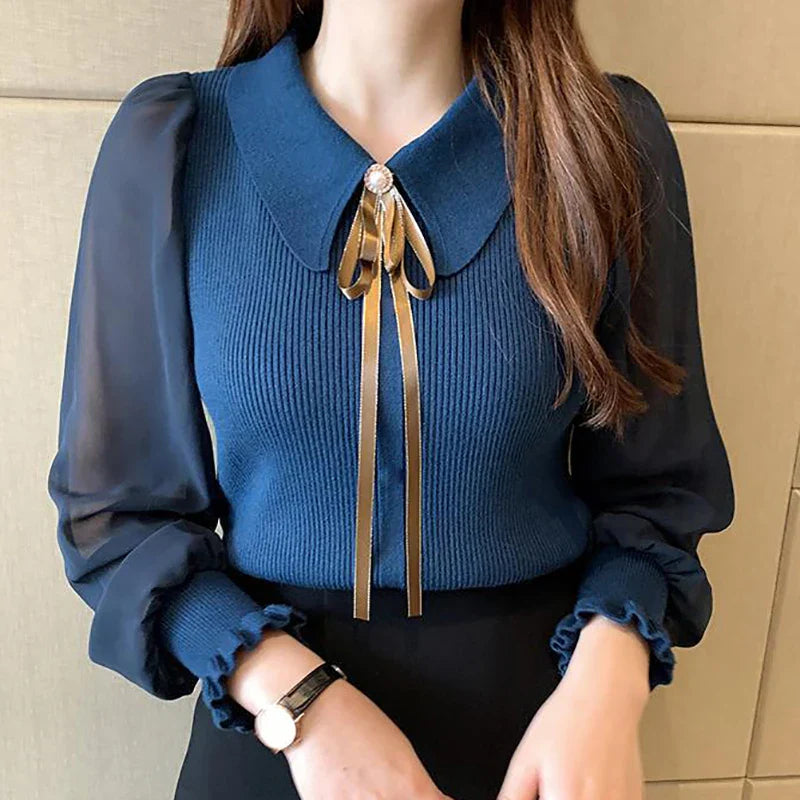 Pull en chiffon élégant | Pull élégant avec manches lanterne et col